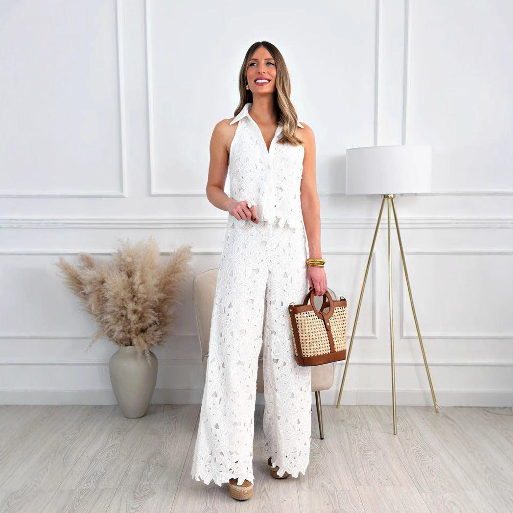 Women floral lace two-piece with shirt collar and wide palazzo pants Mune Fashion