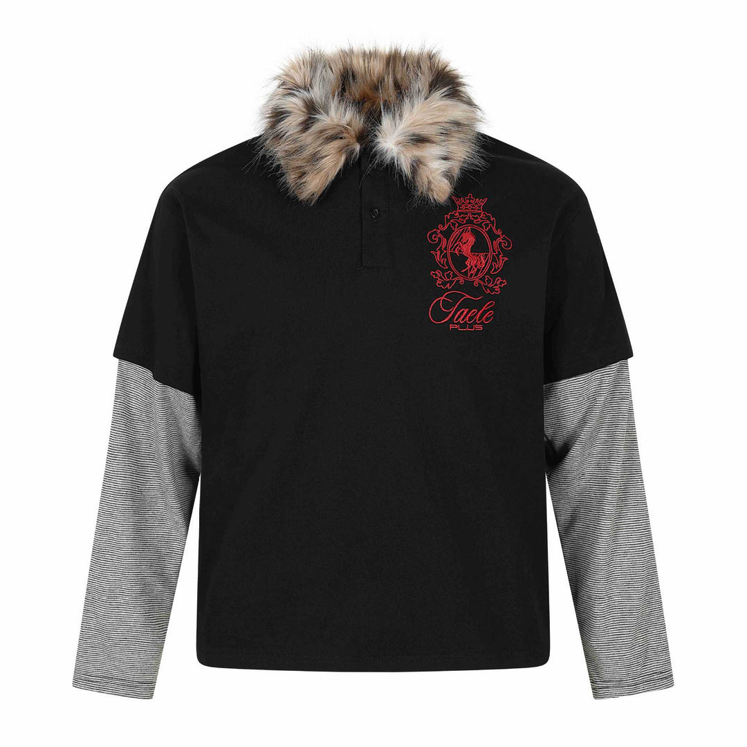 Women Layered-Look Long Sleeve Polo with Faux Fur Collar and Badge Embroidery Mune Fashion