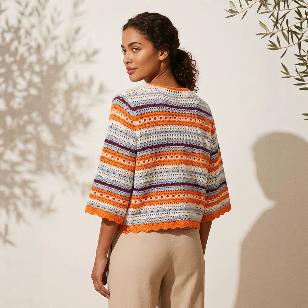 Women crocheted short jacket with shell hem, 3/4 sleeves & fine lace pattern Mune Fashion