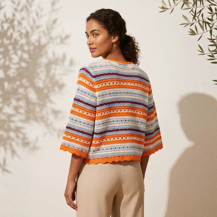 Women crocheted short jacket with shell hem, 3/4 sleeves & fine lace pattern Mune Fashion