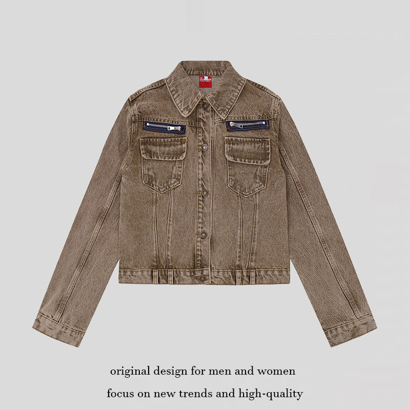 Women's short vintage denim jacket with chest pockets, zipper detail and button placket Mune Fashion