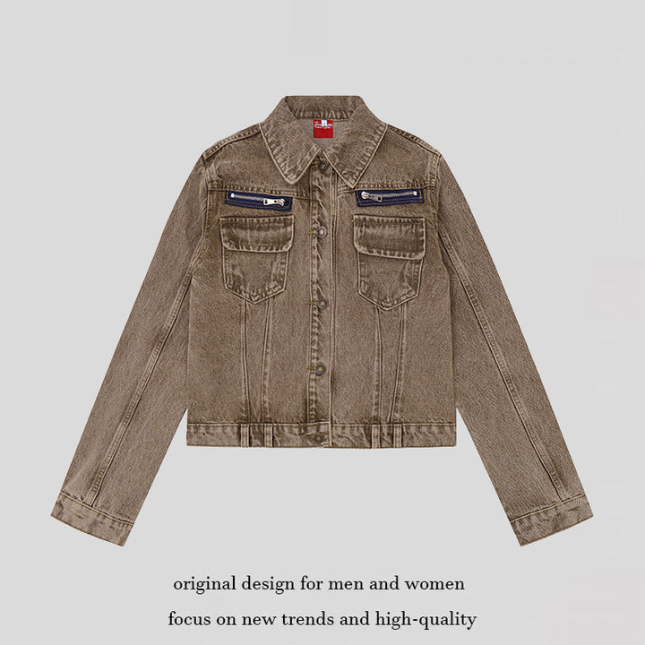 Women's short vintage denim jacket with chest pockets, zipper detail and button placket Mune Fashion
