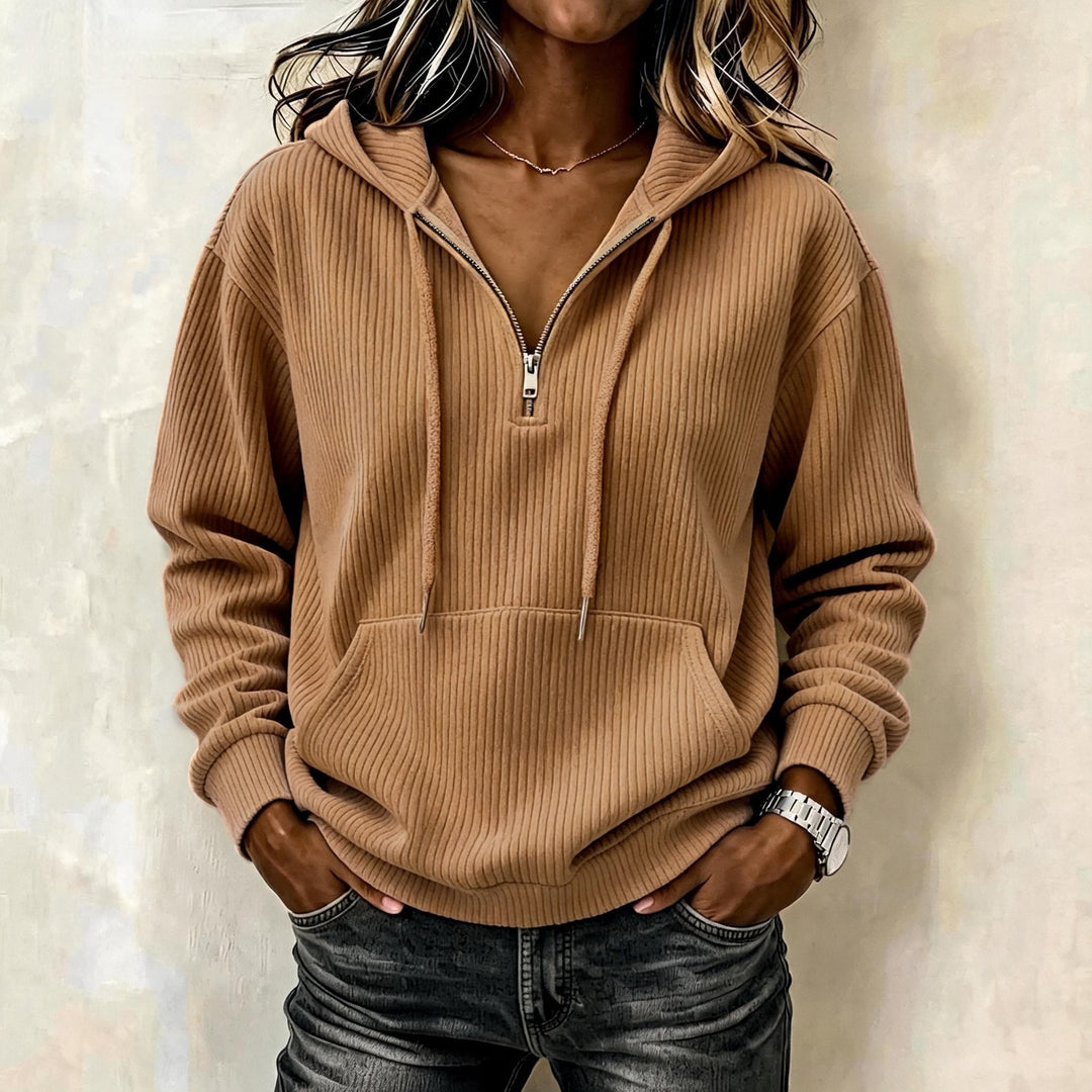 Women's Knitted Ribbed Hoodie with Half Zipper, Kangaroo Pocket and Oversized Fit Mune Fashion