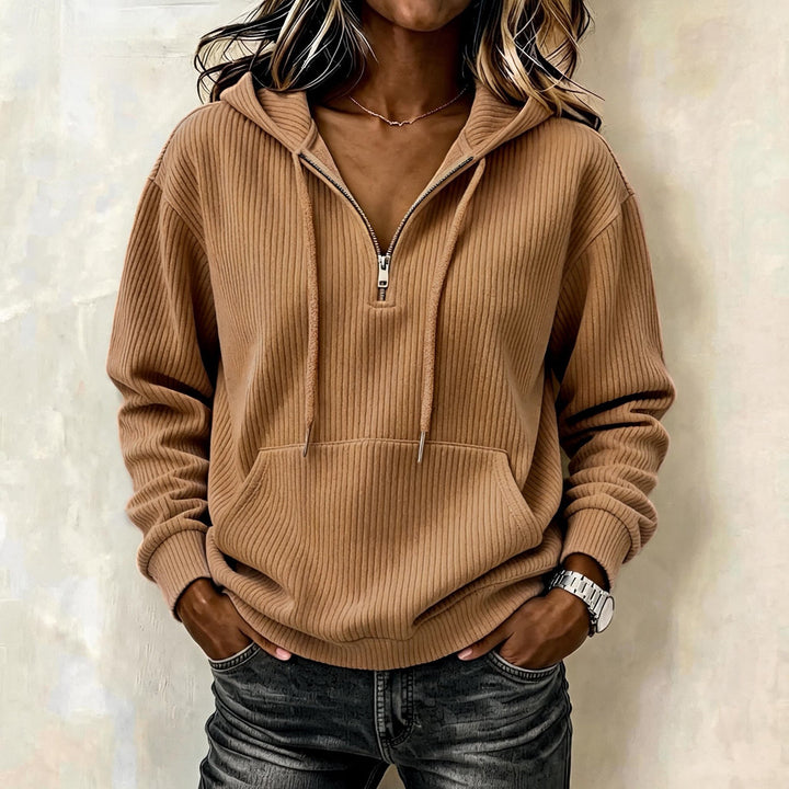 Women's Knitted Ribbed Hoodie with Half Zipper, Kangaroo Pocket and Oversized Fit Mune Fashion