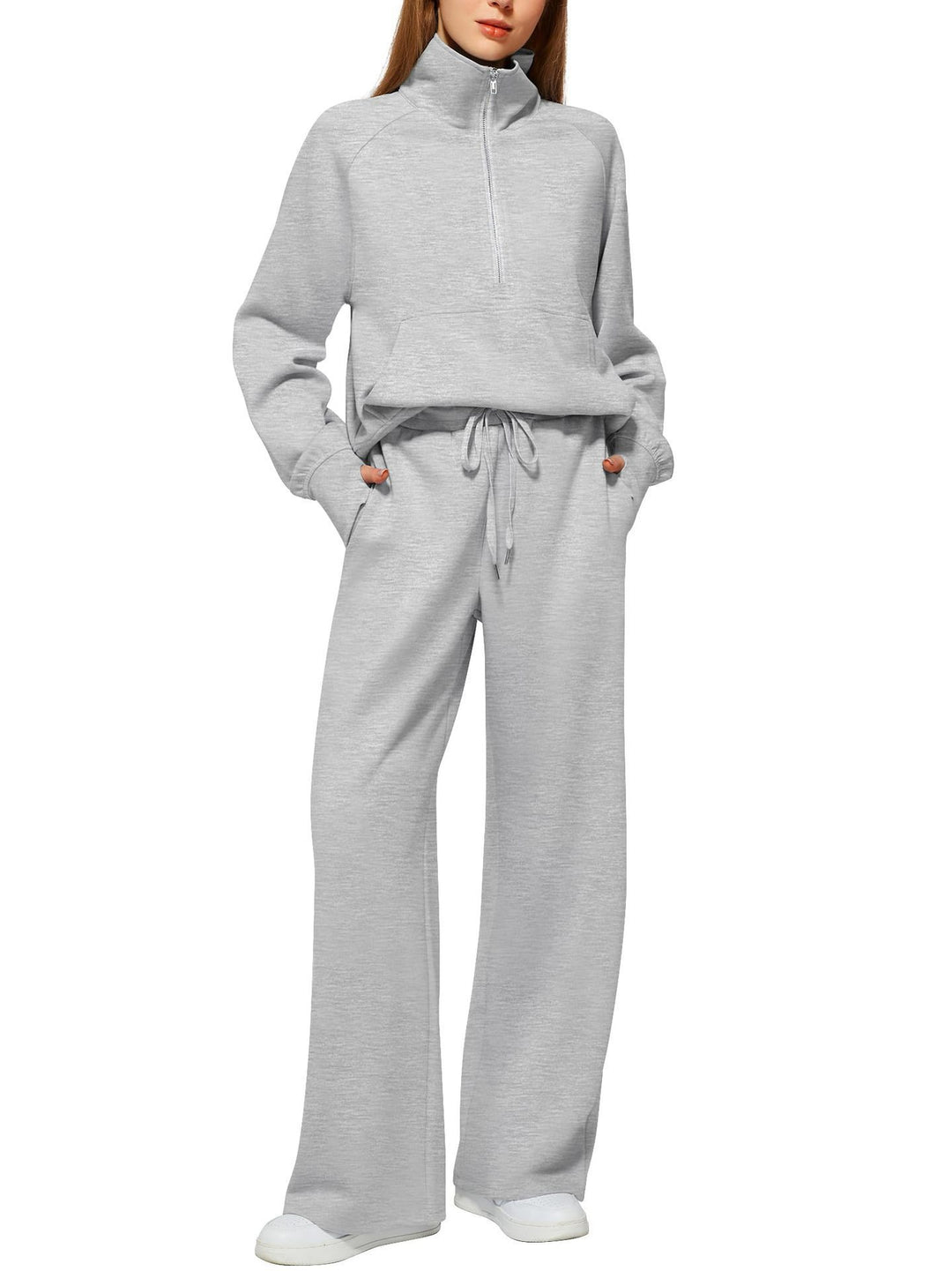 Women half-zip lounge set with high stand-up collar, kangaroo pocket and wide high-waist joggers Mune Fashion