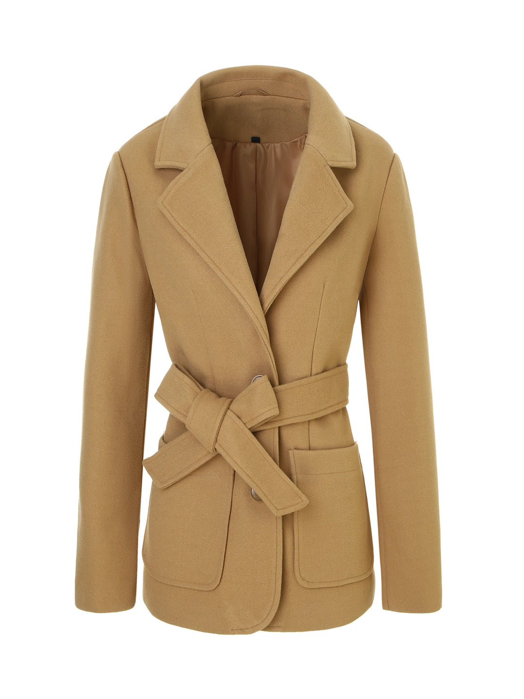 Women Tailored Short Coat with Tie Belt and Notched Collar Mune Fashion