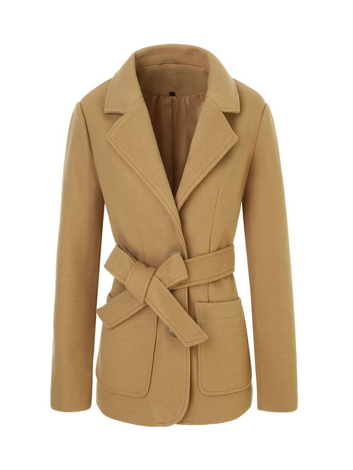 Women Tailored Short Coat with Tie Belt and Notched Collar Mune Fashion