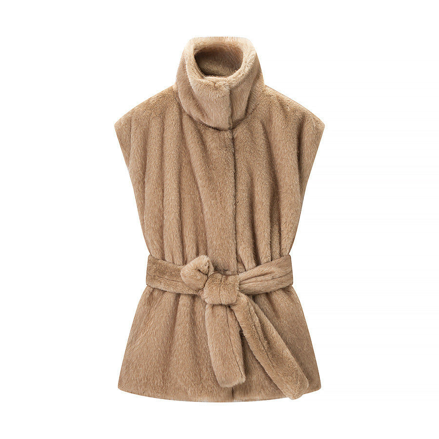 Women's Sleeveless Faux Fur Vest with High Stand-Up Collar and Tailored Tie Belt Mune Fashion