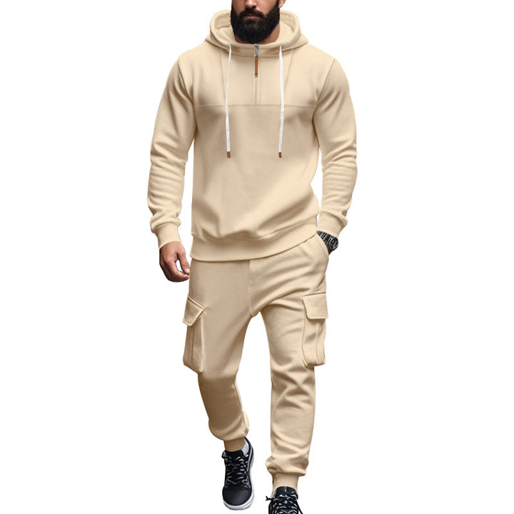 Men's cargo-style hooded sweatshirt and jogger set with short chest zipper and flap pockets Mune Fashion