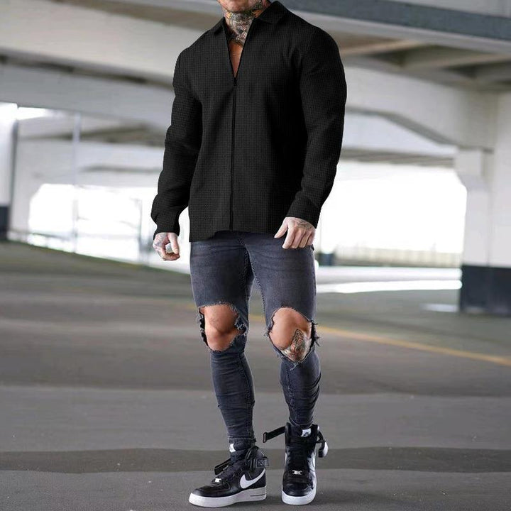 Men's structured long-sleeve shirt jacket with concealed half-zip, Kent collar, and light waffle texture Mune Fashion