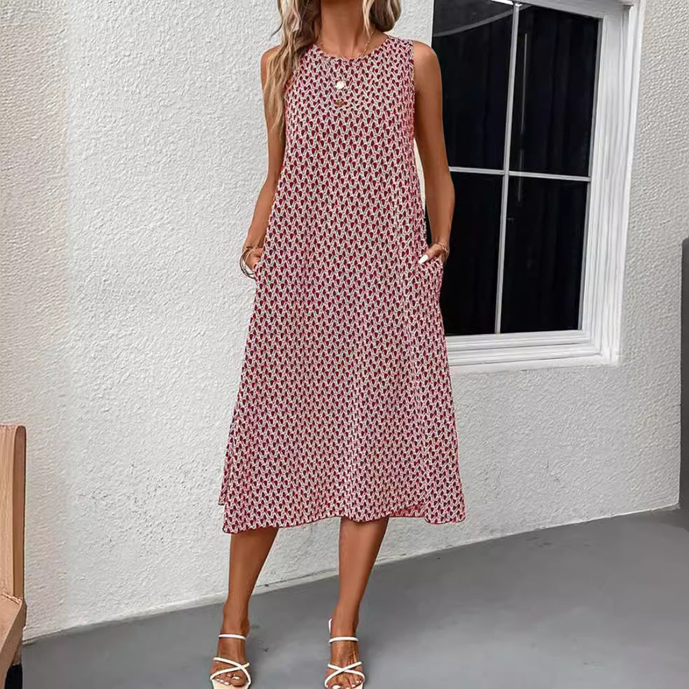 Women's sleeveless summer midi dress in A-line with round neckline, side slit and casual fall Mune Fashion