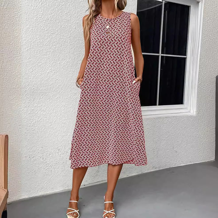 Women's sleeveless summer midi dress in A-line with round neckline, side slit and casual fall Mune Fashion