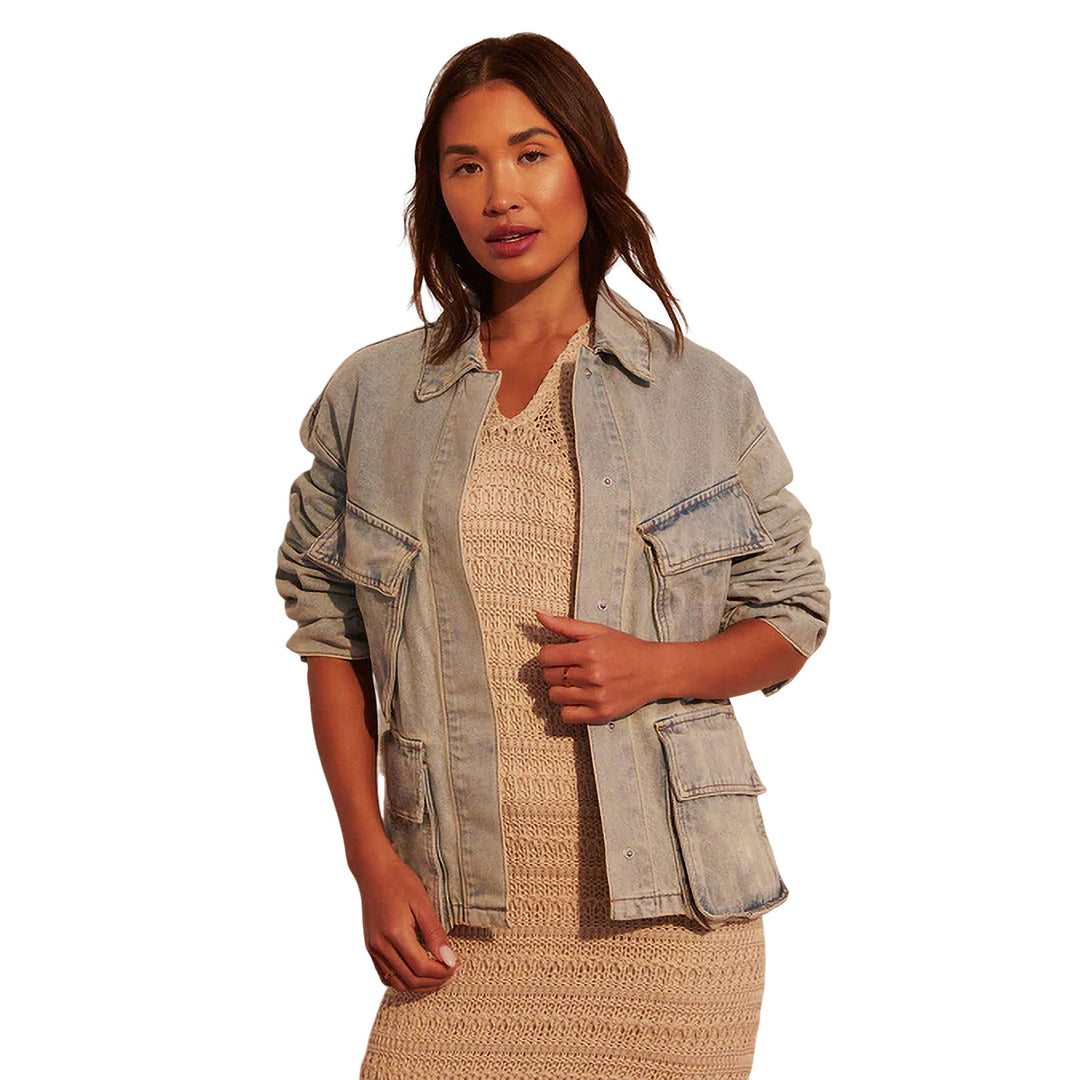 Women Oversize Utility Denim Jacket with Large Flap Pockets and Button-Down Front Mune Fashion