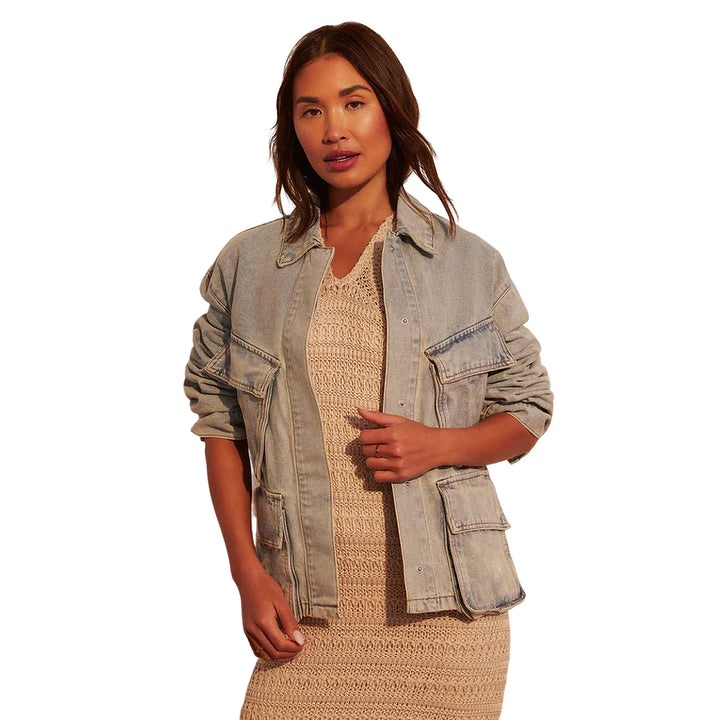 Women Oversize Utility Denim Jacket with Large Flap Pockets and Button-Down Front Mune Fashion