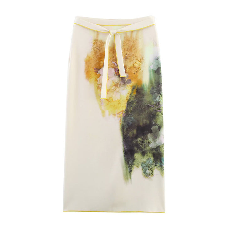 Women's midi skirt with watercolor print, straight cut and decorative tie belt Mune Fashion
