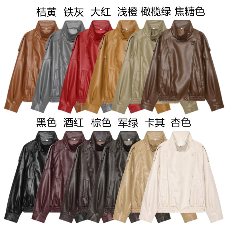 Women Faux Leather Bomber Jacket with High Stand Collar, Asymmetrical Closure and Elastic Hem Mune Fashion