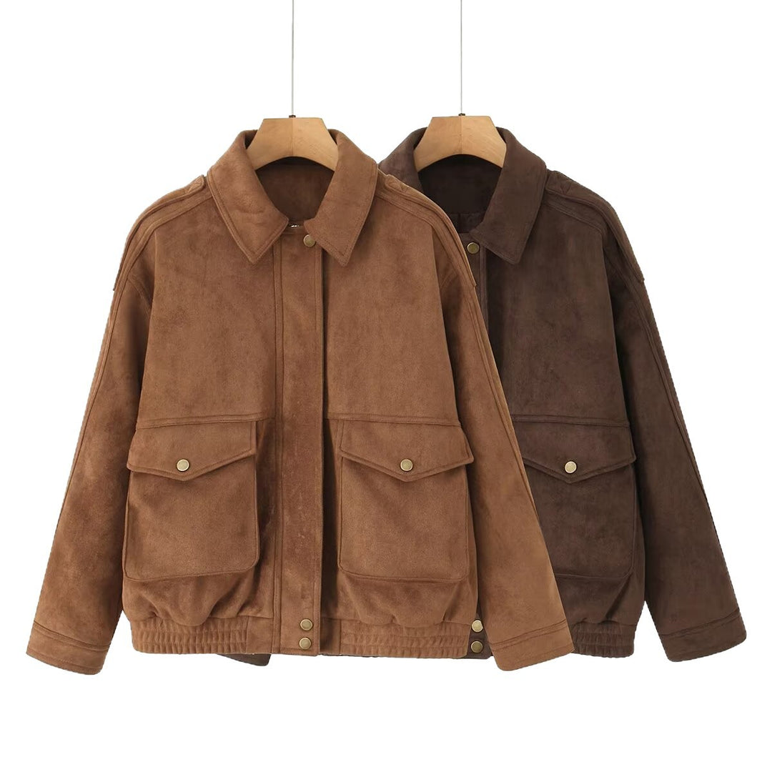 Women's Oversize Suede-Look Bomber Jacket with Flap Pockets and Elastic Hem Mune Fashion