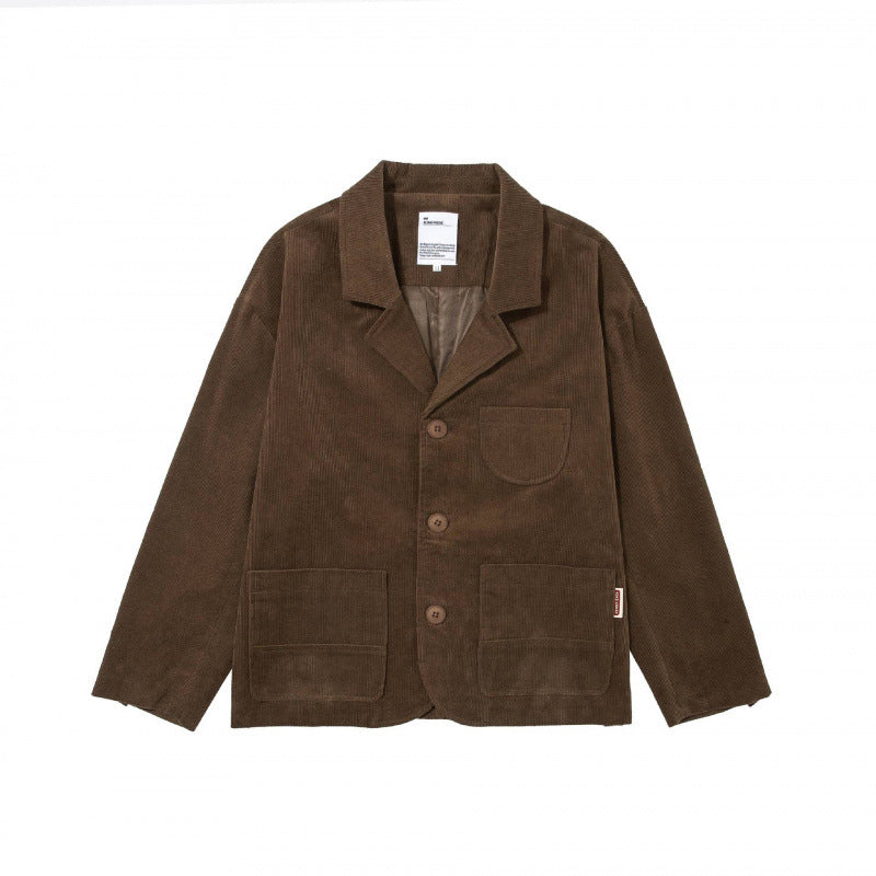Men's Boxy Cord Blouson with Lapel Collar, Patch Pockets and Relaxed Silhouette Mune Fashion