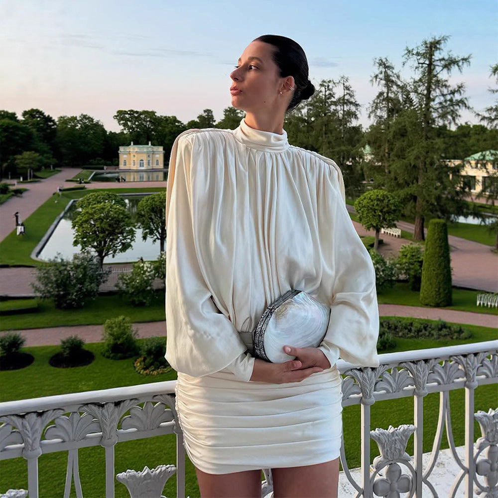 Ladies Elegant Draped Mini Dress with Stand Collar, Balloon Sleeves and Ruched Skirt Mune Fashion
