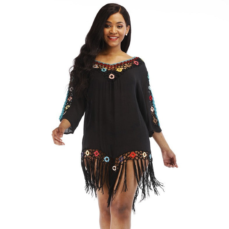 Women's casual beach cover-up with fringed hem and colorful crochet accents Mune Fashion