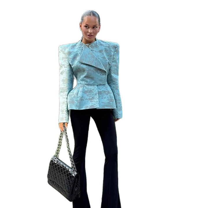 Ladies Tailored Jacquard Blazer with Defined Shoulders, Peplum and Asymmetrical Lapel Mune Fashion