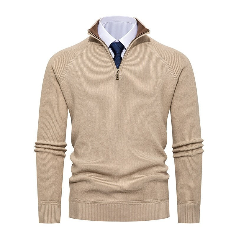 Men's fine knit pullover with half zip, structured ribbed look and inside contrasted standing collar Mune Fashion