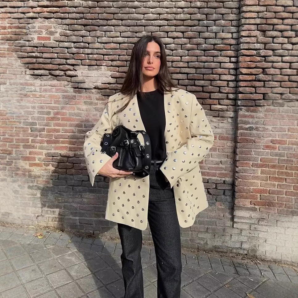 Women Longline Blazer with Sequin Embellishment in Polka Dot Optics Mune Fashion