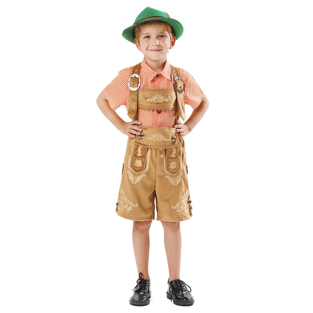 Men's traditional children's leather shorts with elaborate embroidery, bib pocket and adjustable straps Mune Fashion