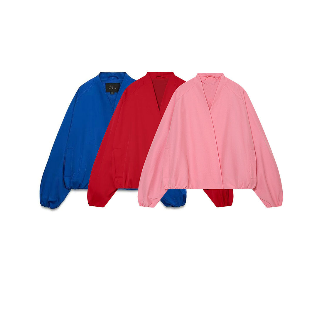 Women's bomber-style short jacket with kimono collar, balloon sleeves, and elastic hem Mune Fashion
