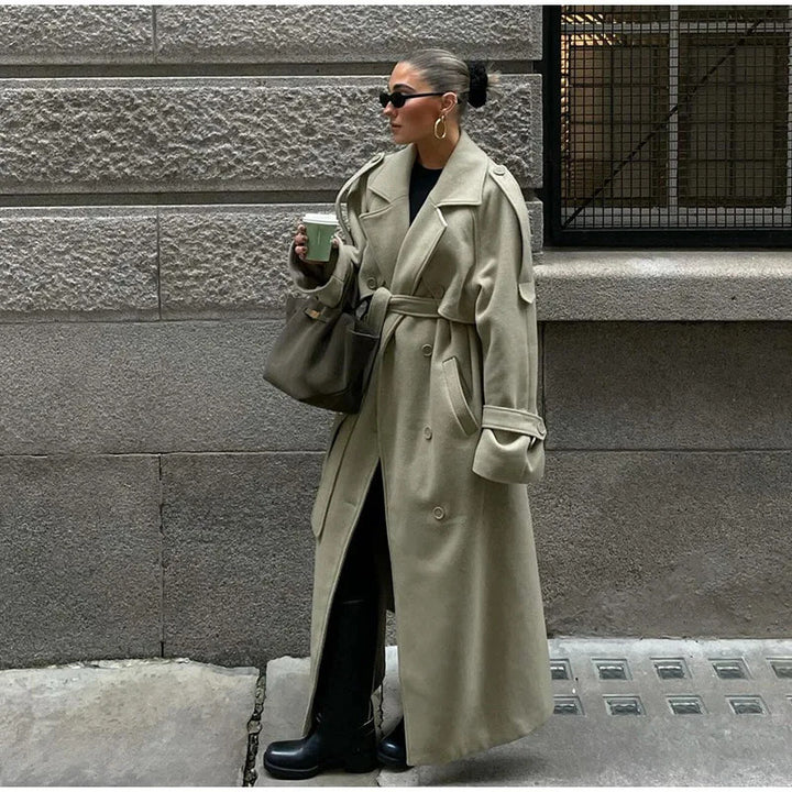 Women 300+ longer oversized trench coat with waist belt and shoulder patches Mune Fashion