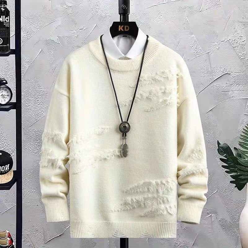 Men's Oversized Knit Sweater with Fringe - Used Details and Round Neck Mune Fashion