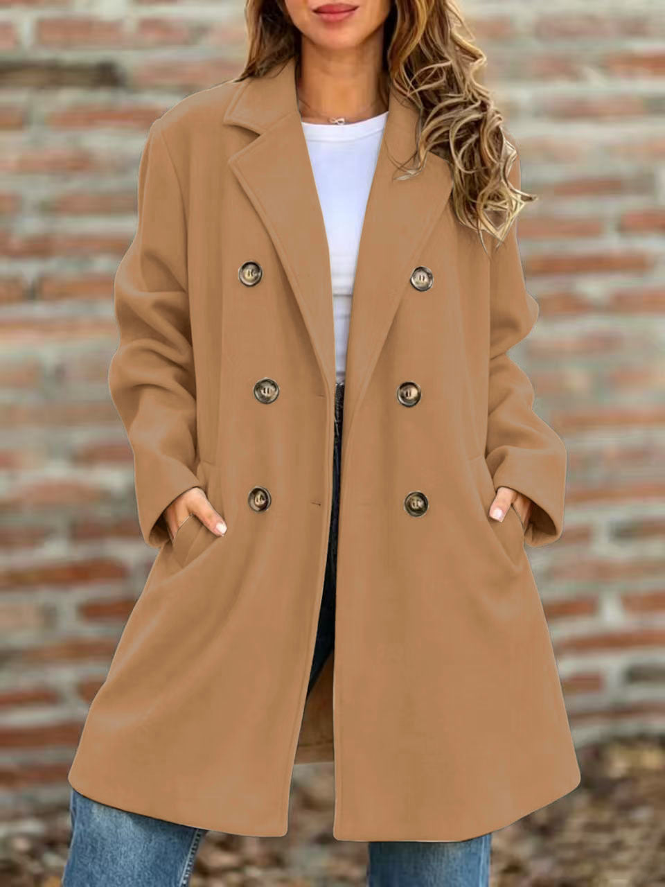 Women double-breasted wool blend short coat with lapel collar Mune Fashion