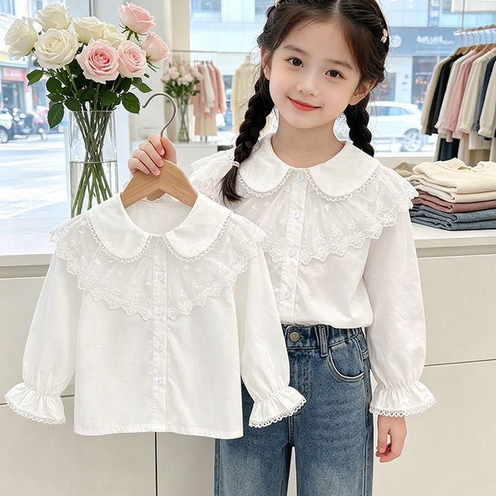 Girl's blouse with elegant lace trim and ruffle details Mune Fashion