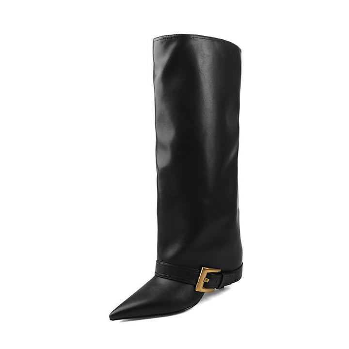 Women's Knee-High Boots with Sculpted Pointed Toe, Straight Shaft and Decorative Buckle Mune Fashion