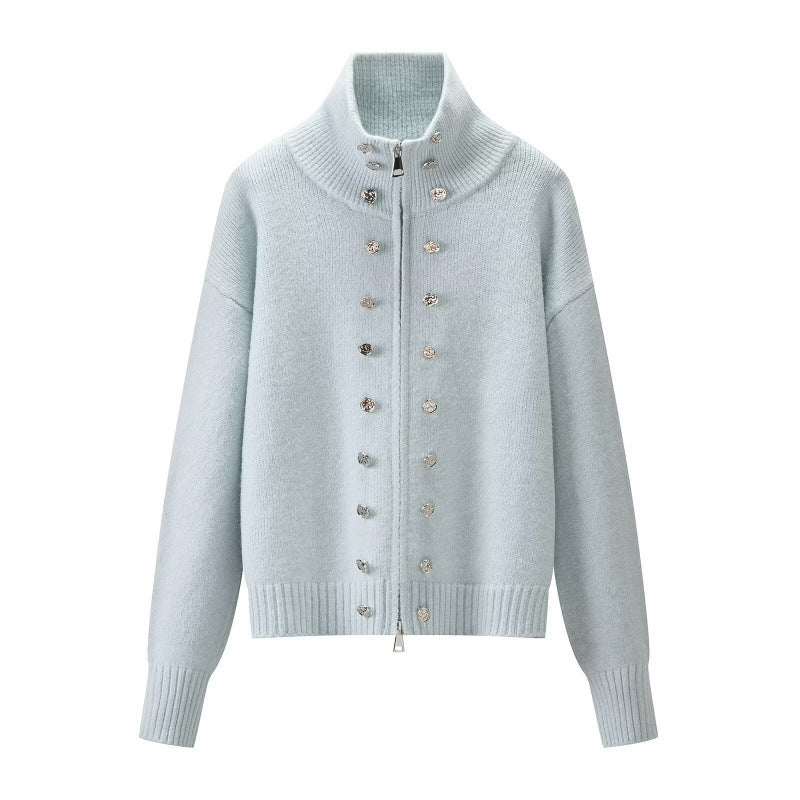 Women's Cropped Cardigan with High Standing Collar, Decorative Button Placket and Double Zipper Mune Fashion