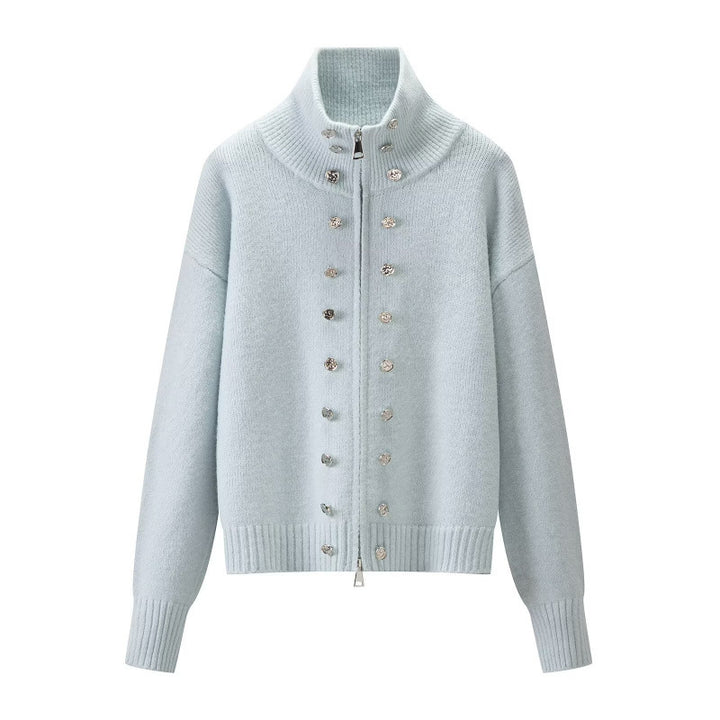 Women's Cropped Cardigan with High Standing Collar, Decorative Button Placket and Double Zipper Mune Fashion
