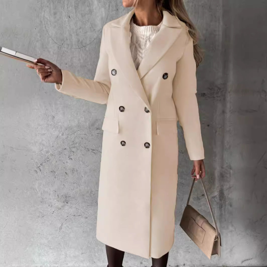 Women's classic long double-breasted coat with collar and flap pockets Mune Fashion
