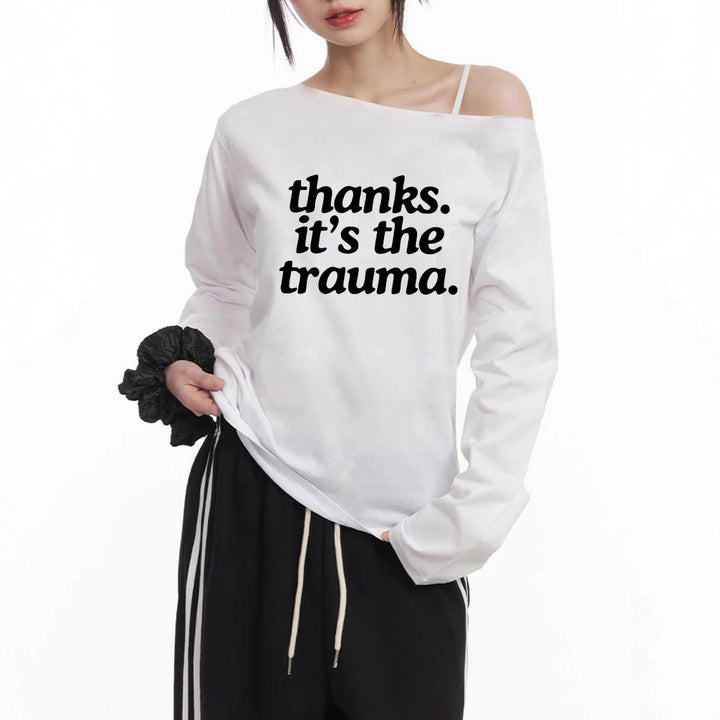 Women Off-Shoulder Long Sleeve Crop Shirt with Statement Print, Asymmetrical Neckline and Loose Oversized Cut Mune Fashion