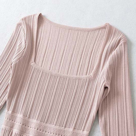 Women's Figure-Hugging Fine Knit Midi Dress with Square Neckline and Pleated Skirt Mune Fashion
