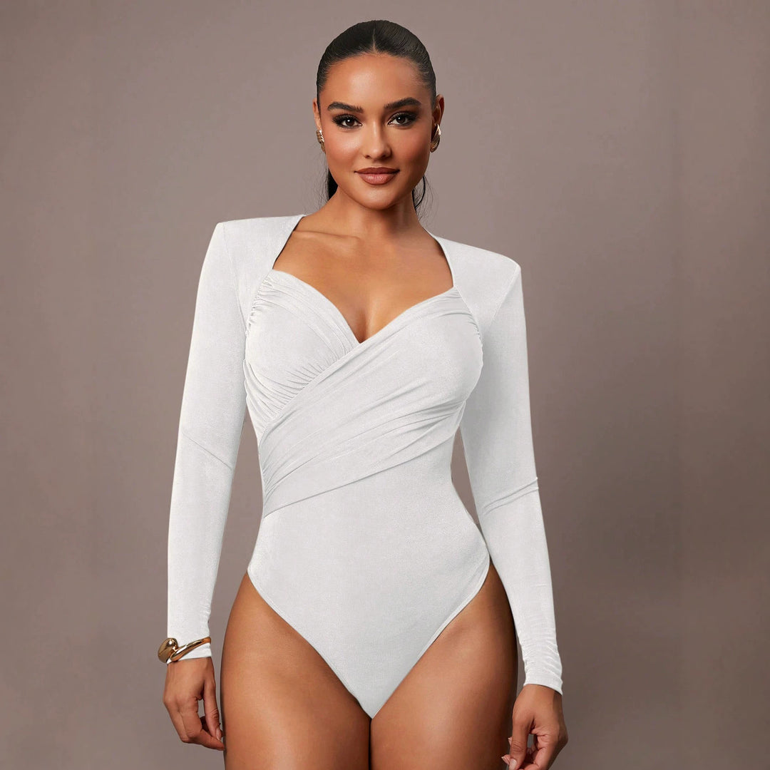 Women's Sculpting Body with Wrap Front, Heart Neckline and Long Sleeves Mune Fashion