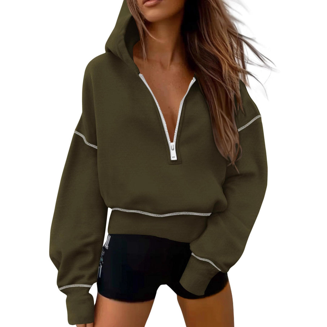 Women's cropped hooded pullover with half zipper and voluminous balloon sleeves Mune Fashion