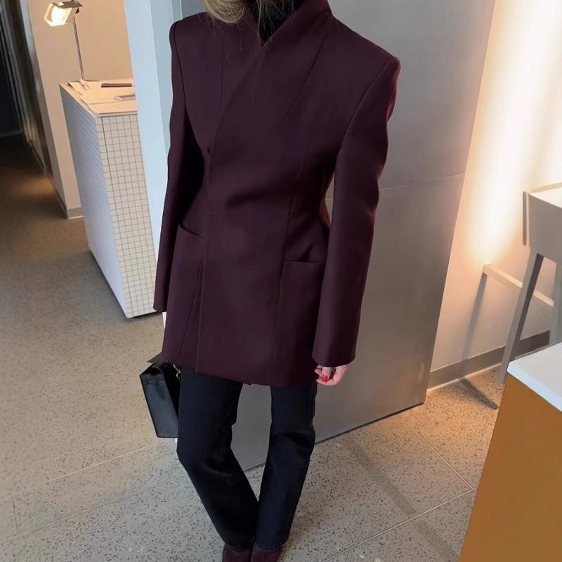 Women's tailored blazer dress coat with stand collar, distinctive shoulder shape, and patch pockets Mune Fashion