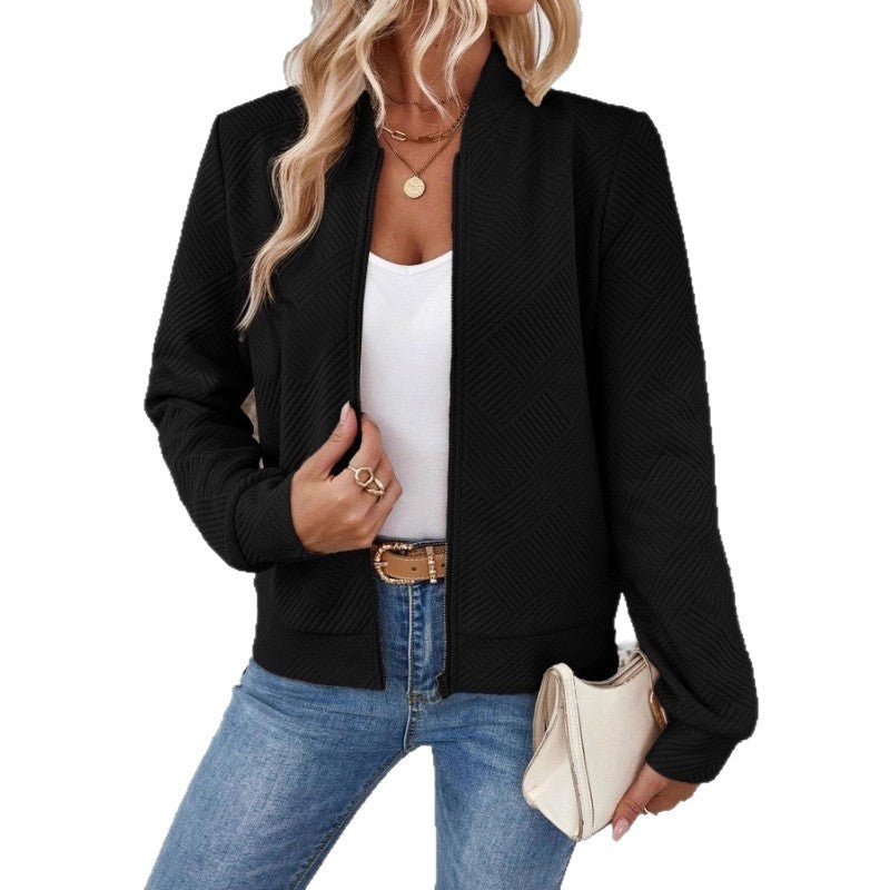 Women's Quilted Bomber Jacket with Geometric Structure, Stand-Up Collar and Zipper Drune