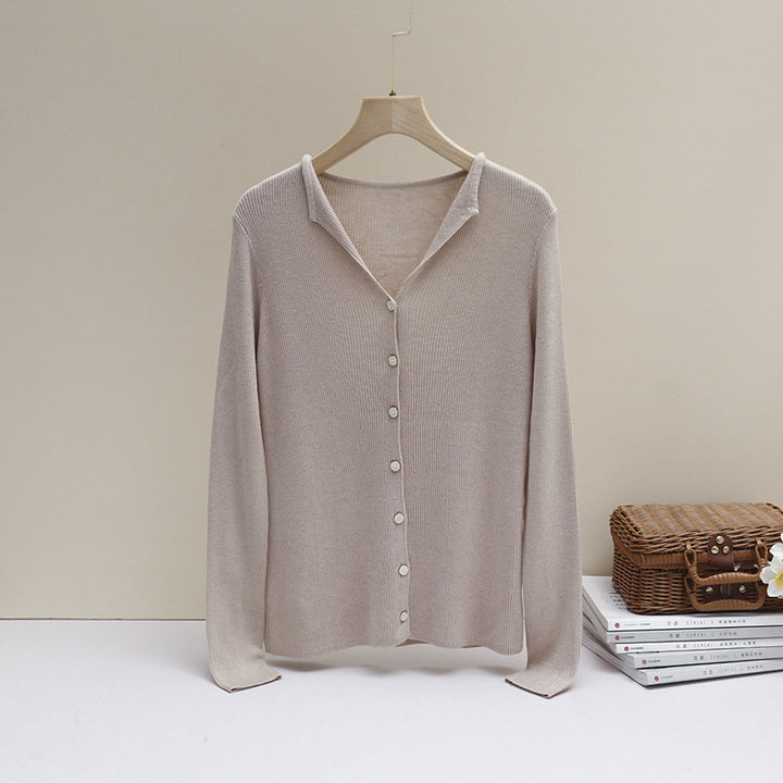Women's light fine knit cardigan with open shirt collar and shimmering button placket Mune Fashion