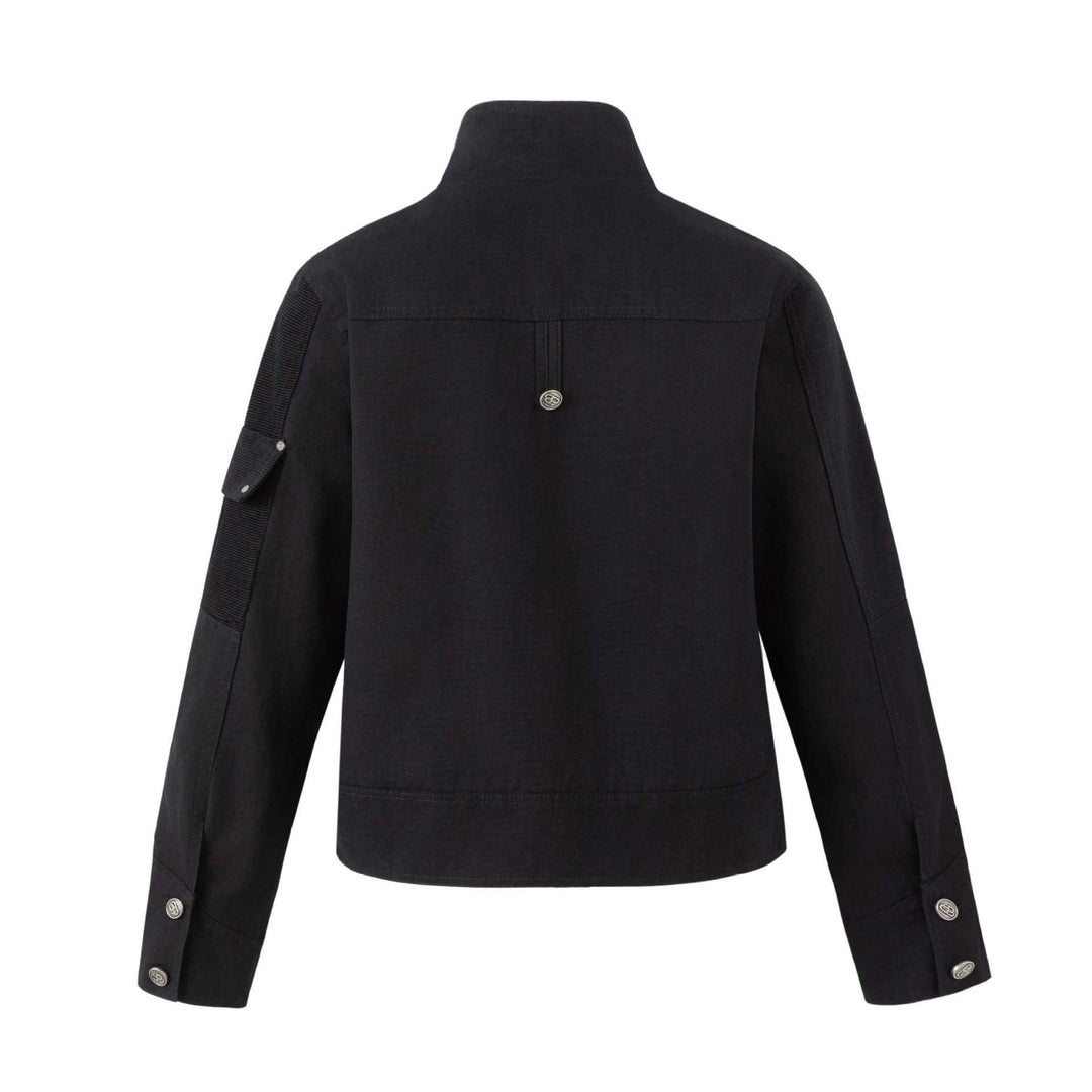Men's military-inspired short jacket with stand-up collar, belt straps, and decorative flap pockets Mune Fashion
