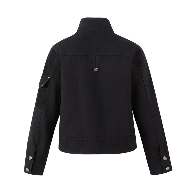 Men's military-inspired short jacket with stand-up collar, belt straps, and decorative flap pockets Mune Fashion