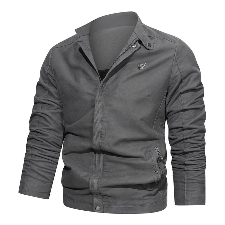 Men's Slim-Fit Canvas Blouson with Stand Collar, Concealed Zipper, and Zip Pockets Mune Fashion