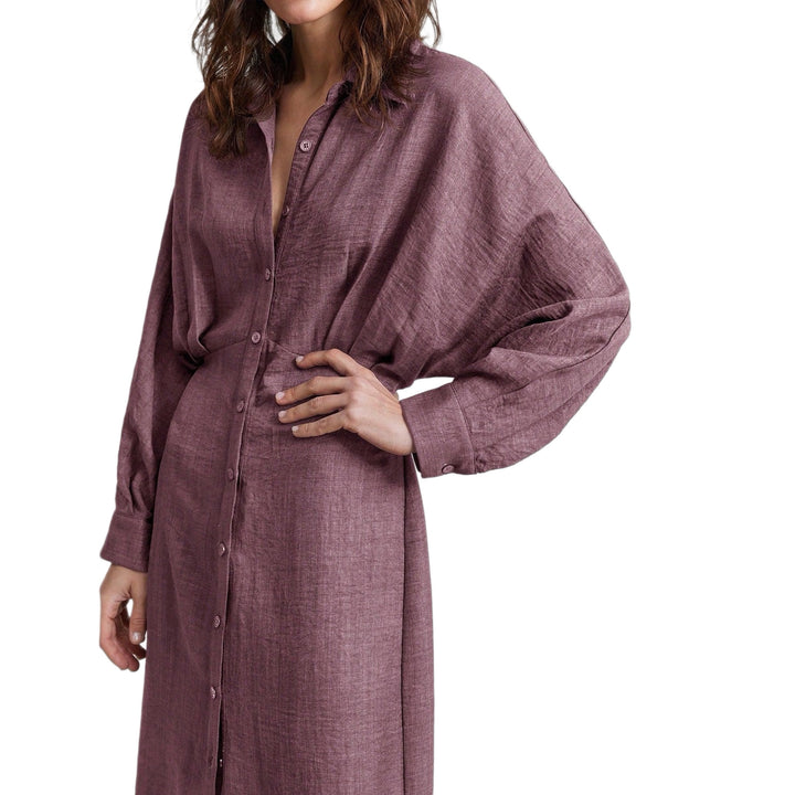 Women's linen maxi dress with shirt collar, full button placket, and batwing sleeves Mune Fashion