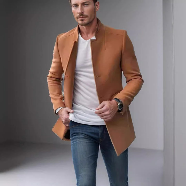 Men's Stand-Up Collar Longline Coat in Slim Fit with Hidden Button Placket Mune Fashion