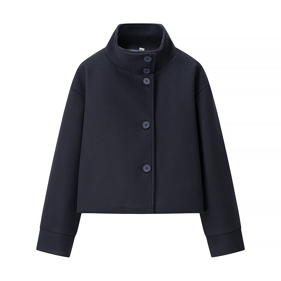 Women's Short Jacket Boxy Wool Blend with Stand-Up Collar, Oversized Sleeves and Button Placket Mune Fashion